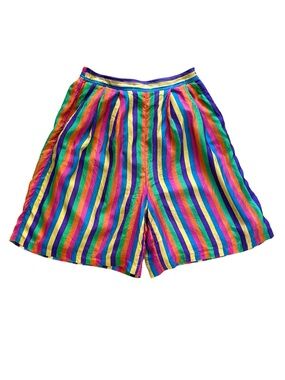 Vintage Silk Rainbow Stripe Print Wide Leg High Rise Shorts